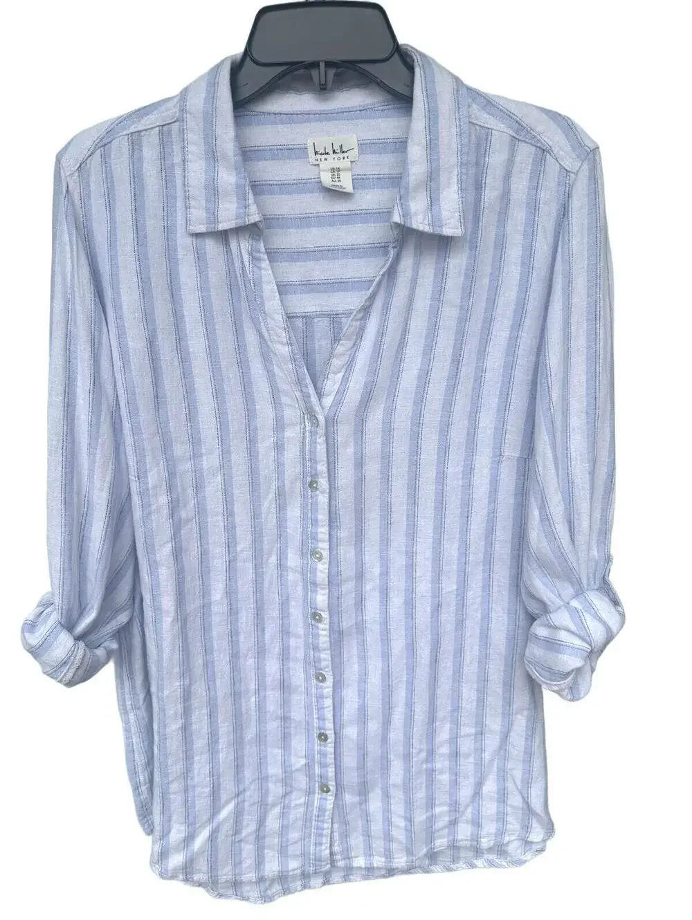 Nicole Miller New York Light Blue Linen Blend Striped Button-Up Blouse- Size 1X - Picture 3 of 9